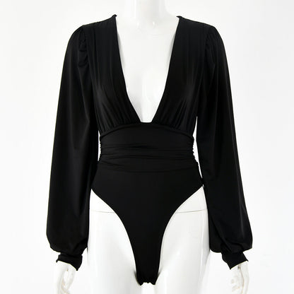 Dames Bodysuit Lange Mouwen Diepe V-hals Zwart Elegant