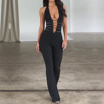 Zwarte Jumpsuit met Lace-Up Detail en Doorzichtige Stof
