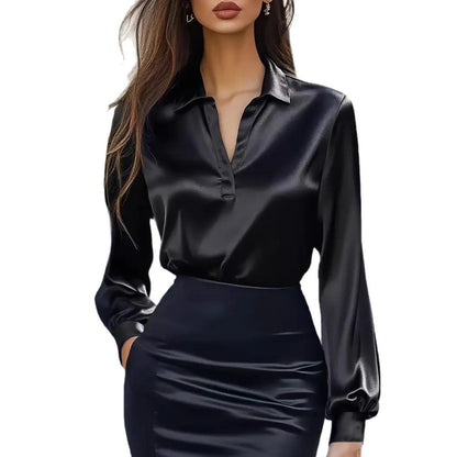 Dames Blouse Satijnen Look V-Hals Elegante Stijl