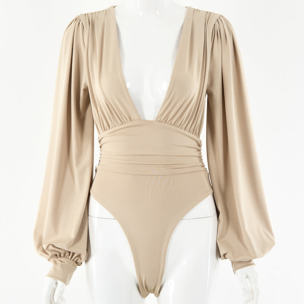 Dames Bodysuit Lange Mouwen Diepe V-hals Zwart Elegant