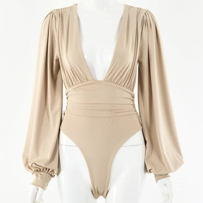Dames Bodysuit Lange Mouwen Diepe V-hals Zwart Elegant