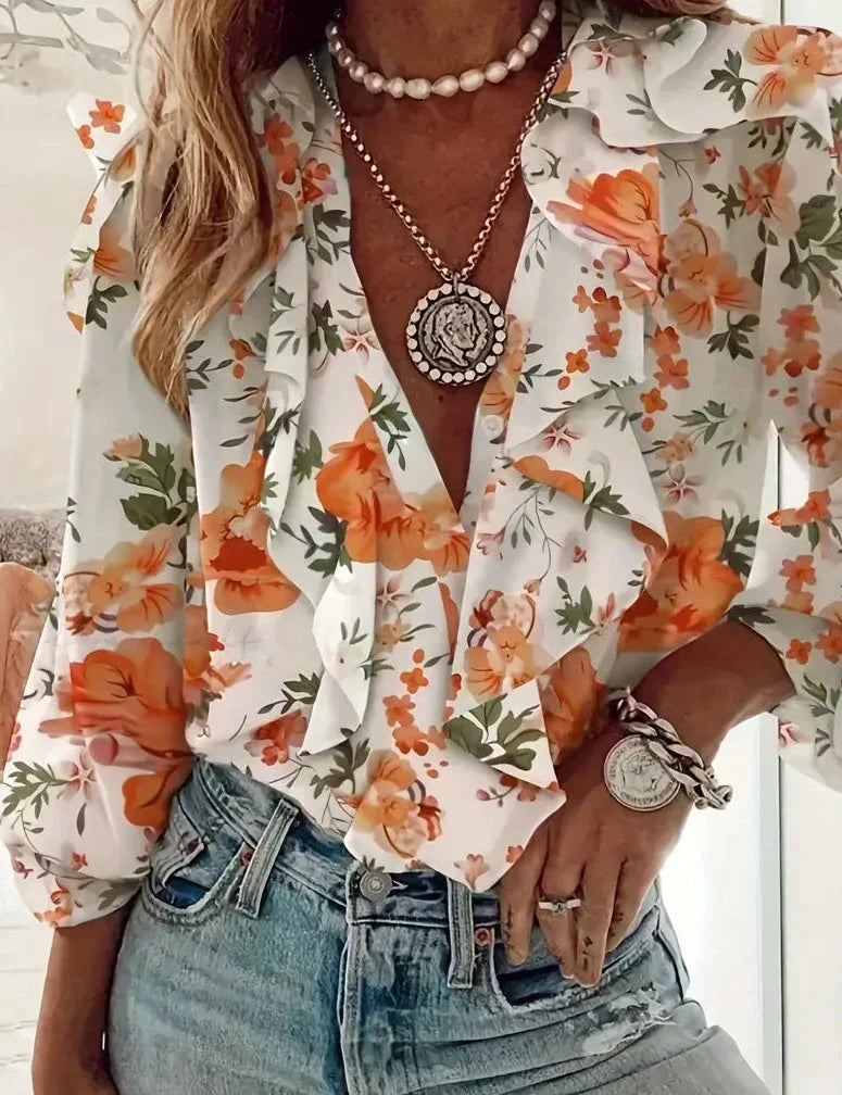 Bloes Vrouw Bloemenprint Ruches Voorzijde - Mode Vibes