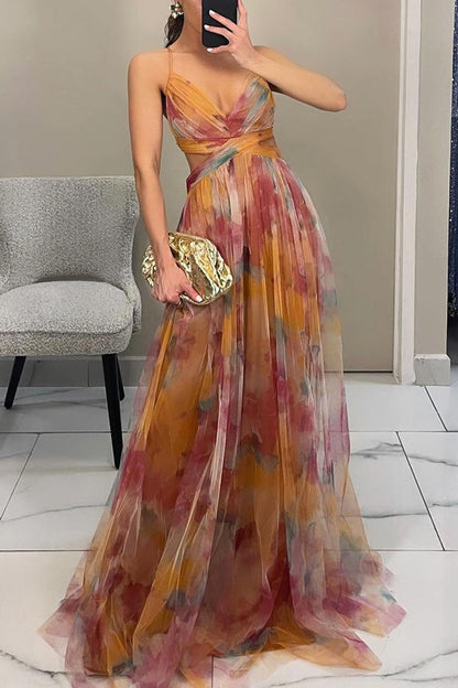 Zomerjurk Bloemenprint Maxi Jurk Diepe Halslijn Vrouwen