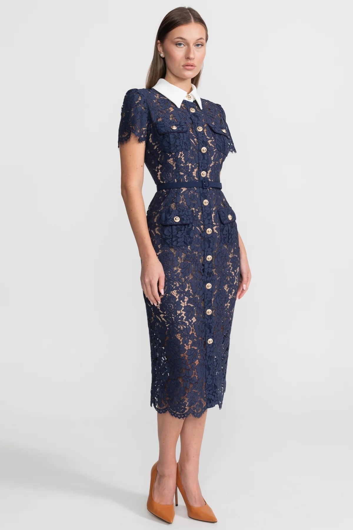 Dames Midi Jurk van Bloemenkant met Kraag en Tailleceintuur – Marineblauw