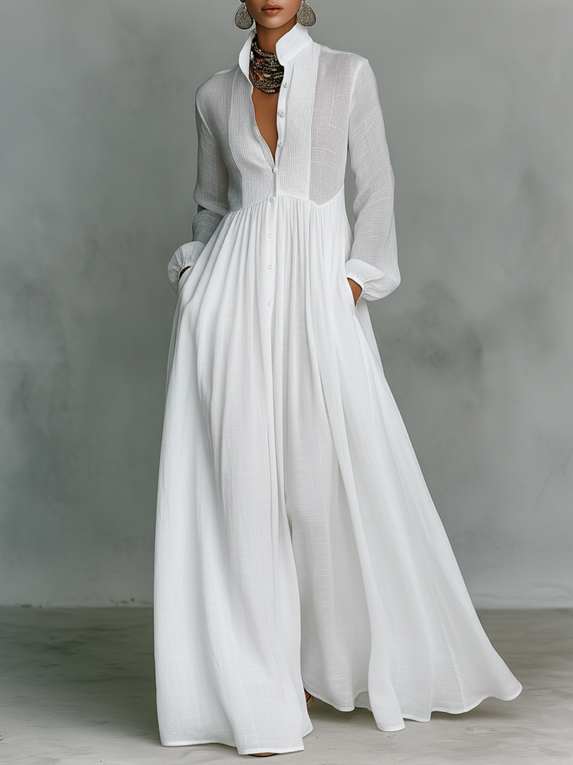 Dames maxi-jurk linnen patchwork staande kraag - Mode Vibes
