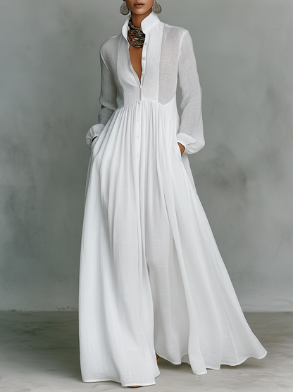 Dames maxi-jurk linnen patchwork staande kraag - Mode Vibes
