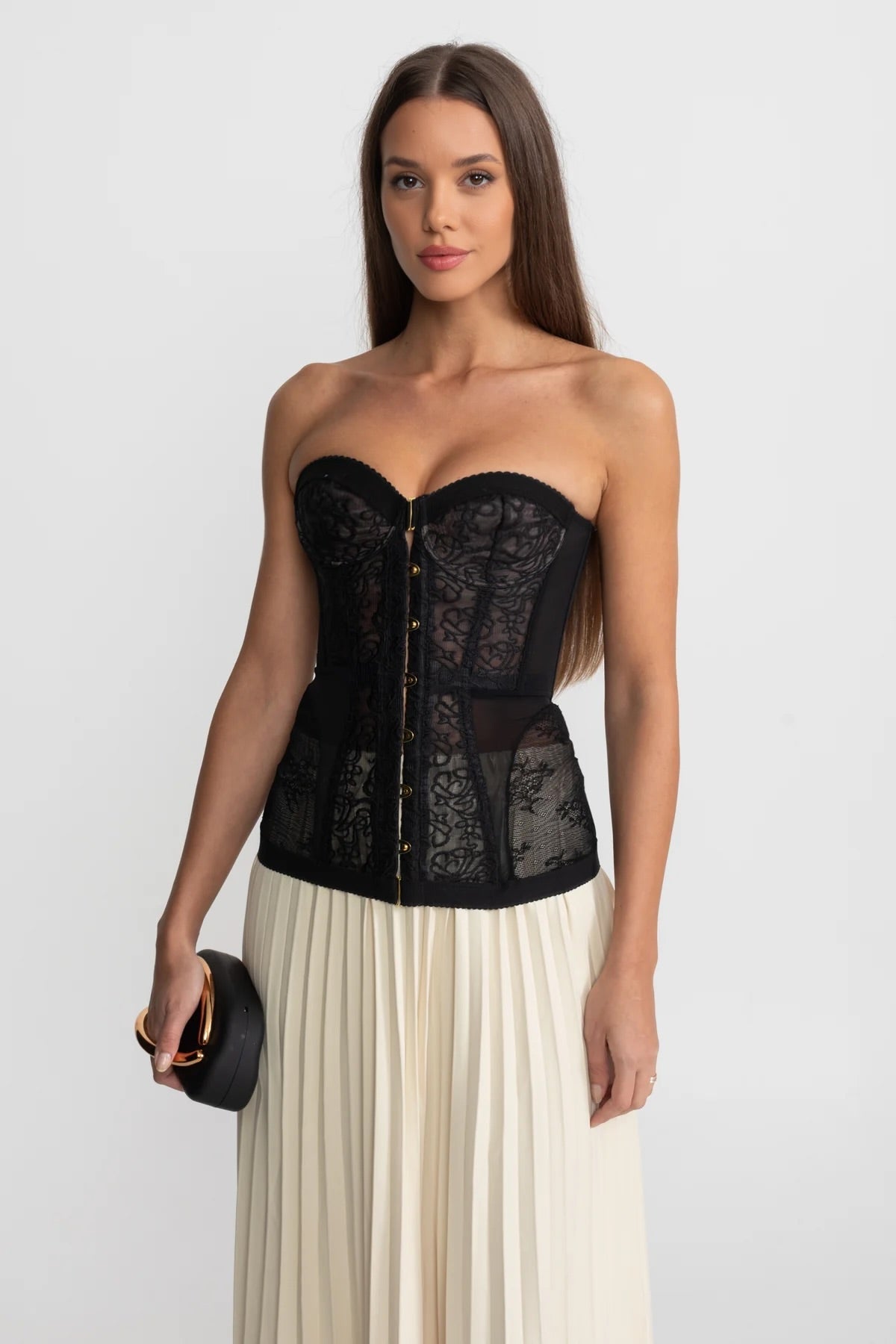 Bandeau Kanten Corset Top met Beugels en Voorzijde Sluiting – Zwart