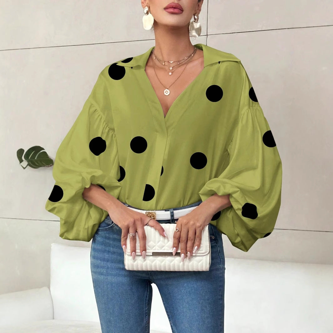 Dames Blouse met Ballon Mouwen en Grote Polka Dot Print