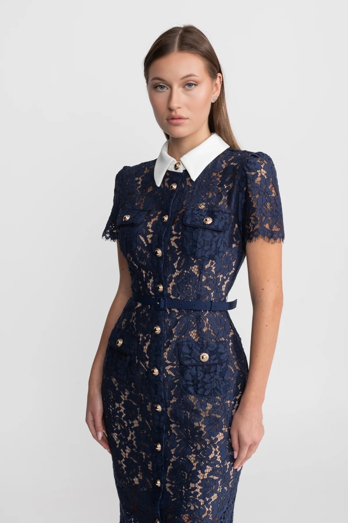Dames Midi Jurk van Bloemenkant met Kraag en Tailleceintuur – Marineblauw