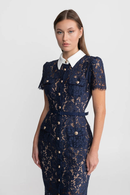 Dames Midi Jurk van Bloemenkant met Kraag en Tailleceintuur – Marineblauw