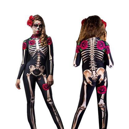 Dames Halloween Catsuit Skelet en Rozen Kostuum