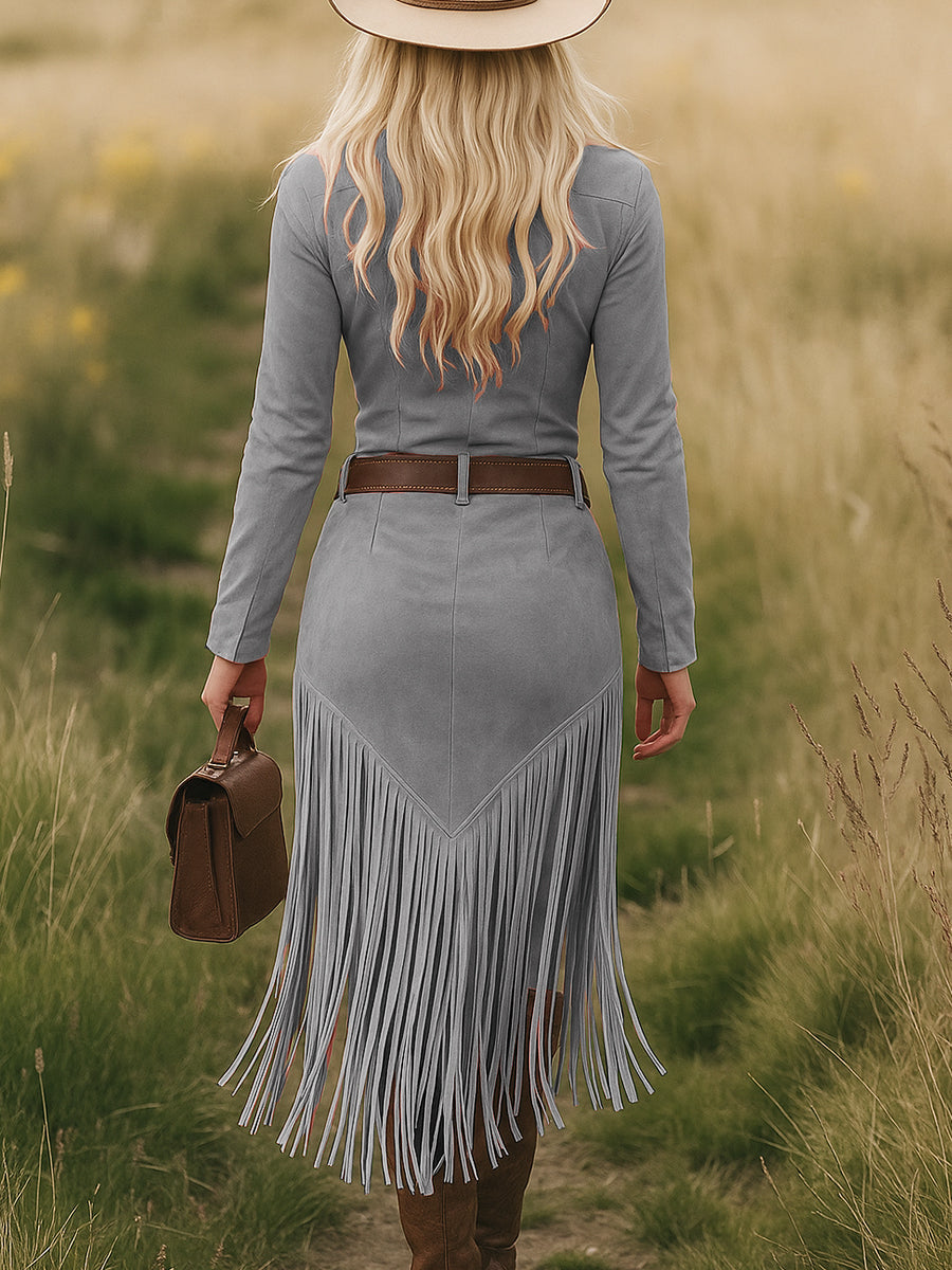 Retro Western Midi Jurk met Kraag, Rits en Kwastjes