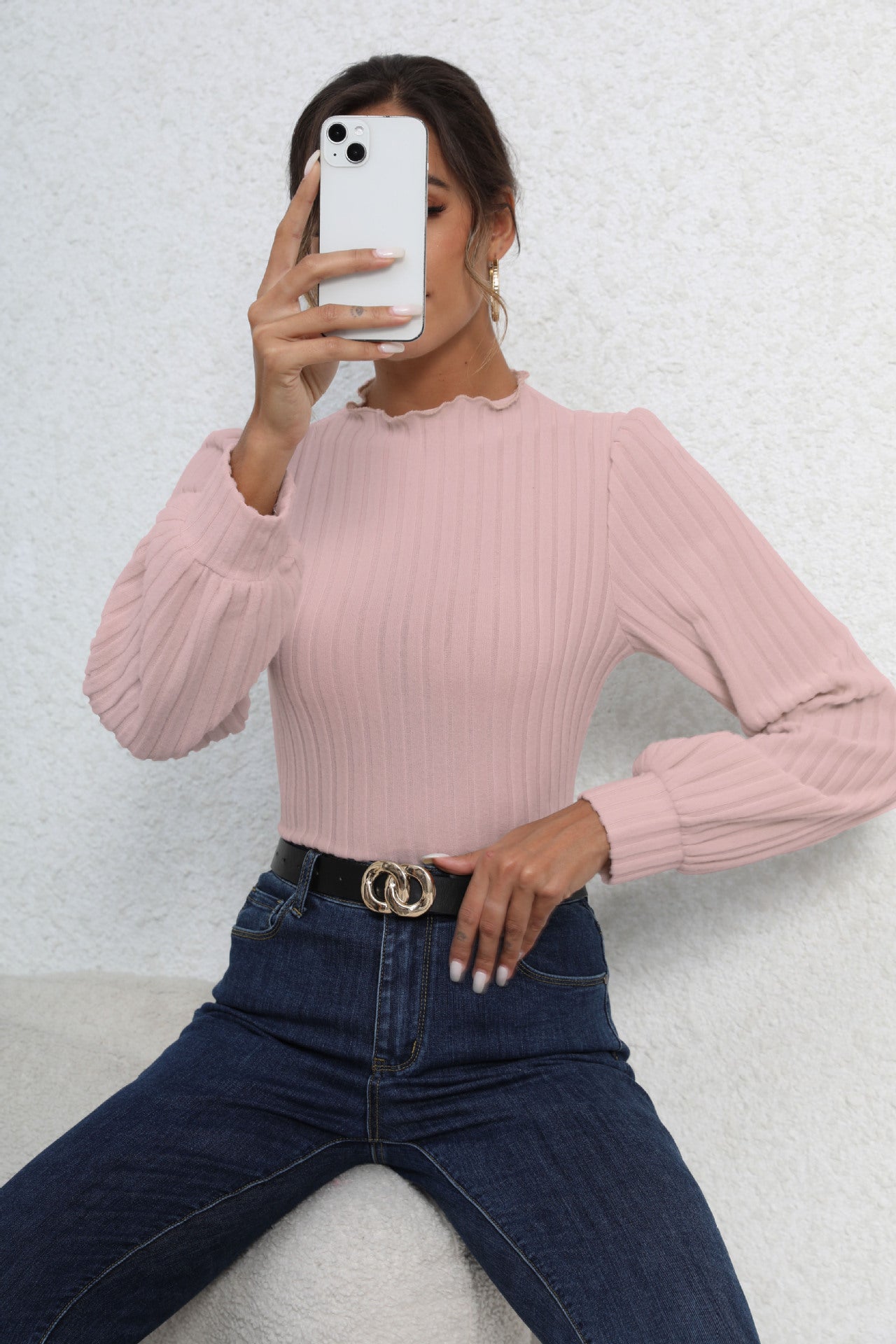 Dames Body Top met Pofmouwen en Geribde Pasvorm