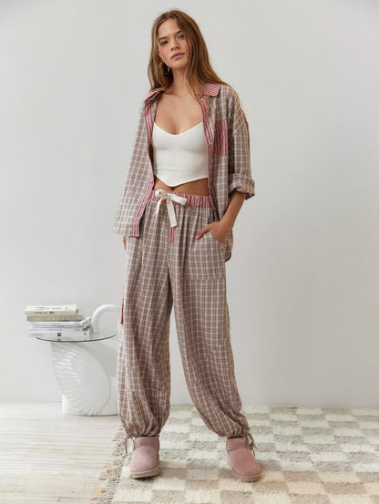 Geruite Pyjamaset voor Vrouw Casual Chic Losse Delen