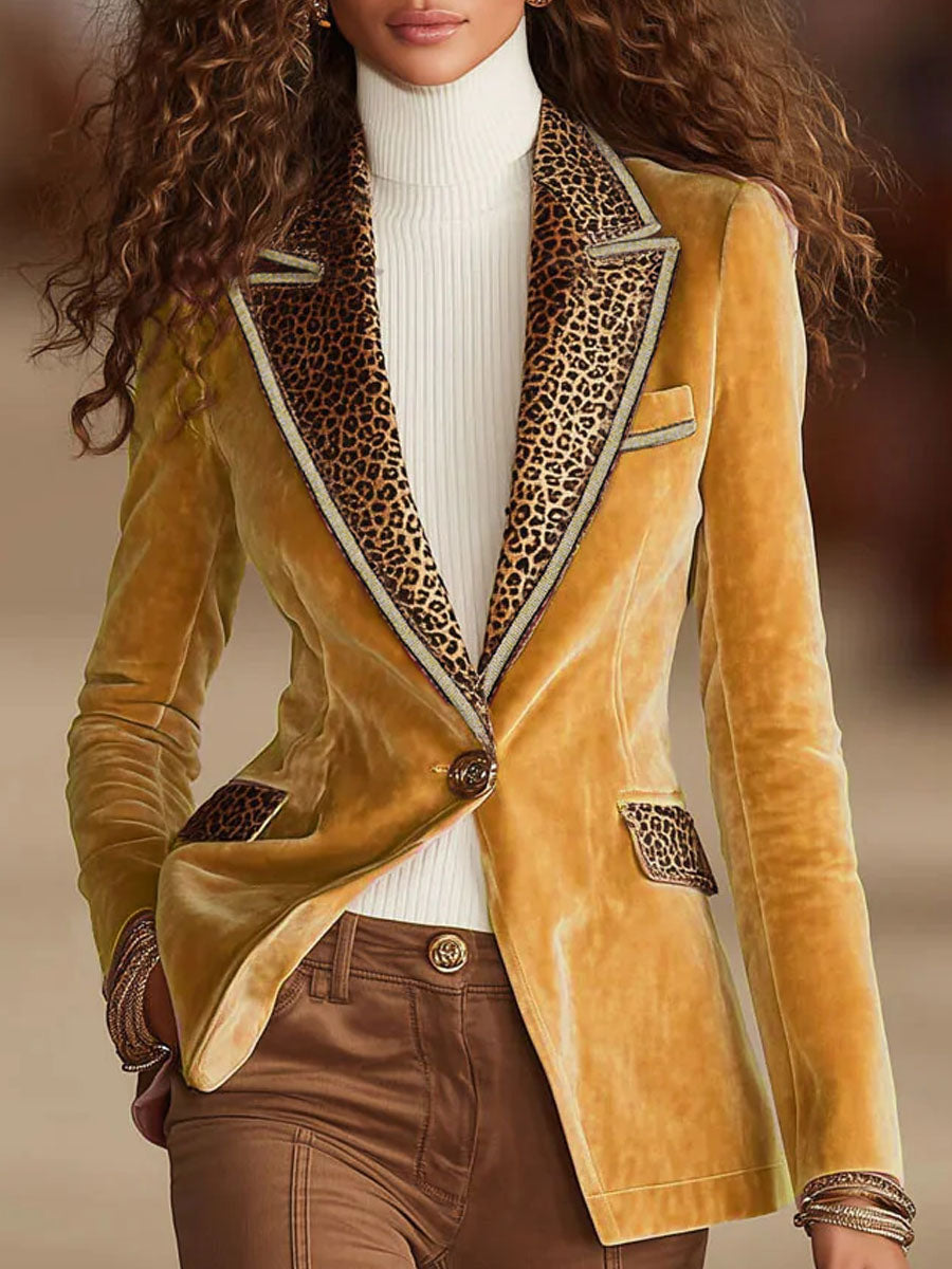 Dames Fluwelen Blazer met Luipaardprint en Eén Knoop – Roze