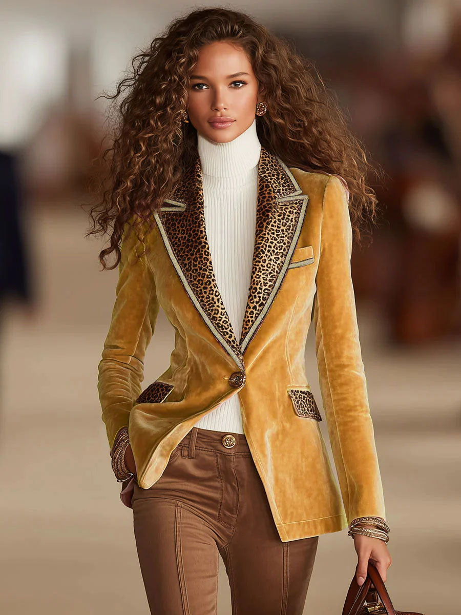 Dames Fluwelen Blazer met Luipaardprint en Eén Knoop – Roze