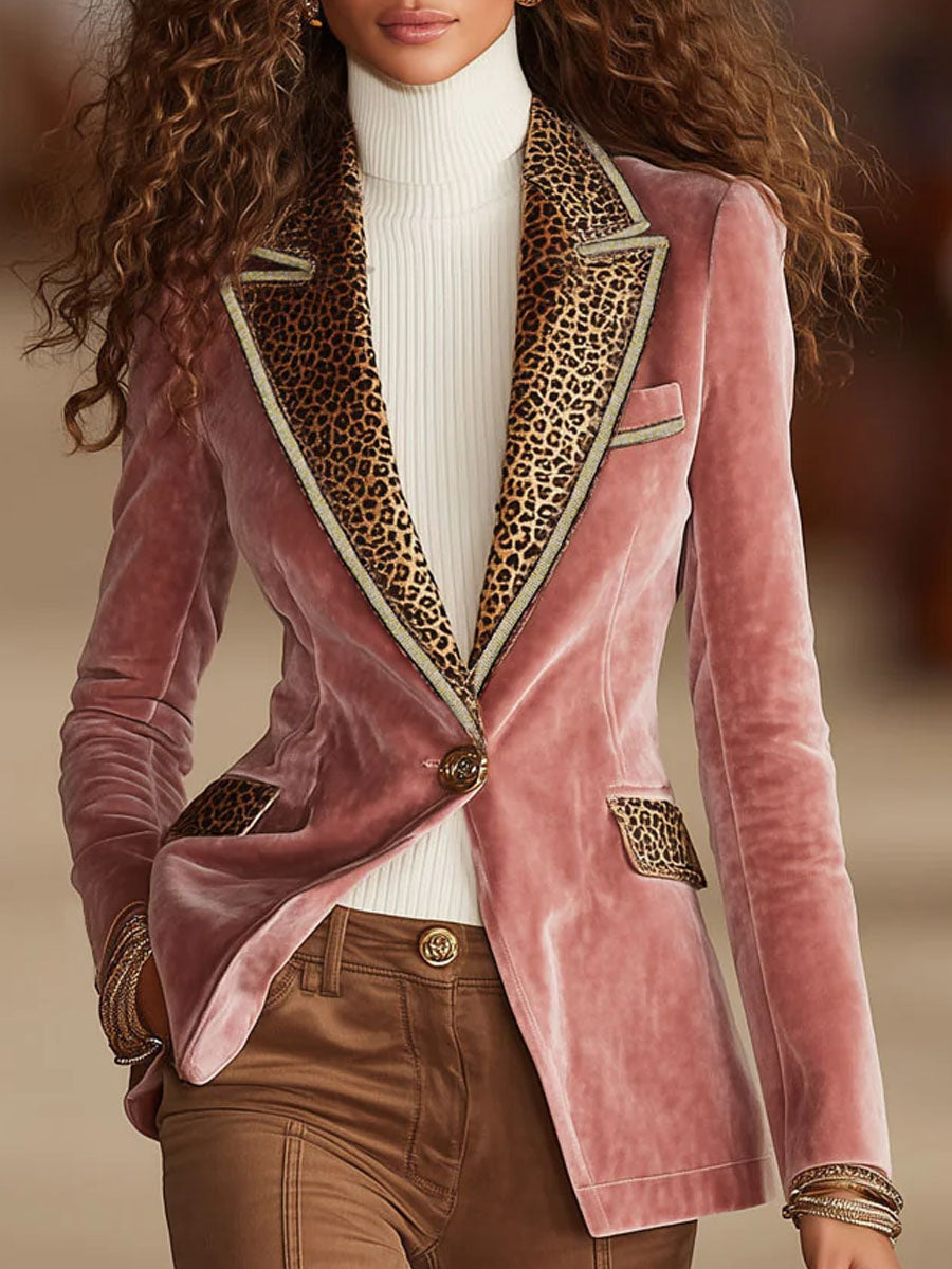 Dames Fluwelen Blazer met Luipaardprint en Eén Knoop – Roze