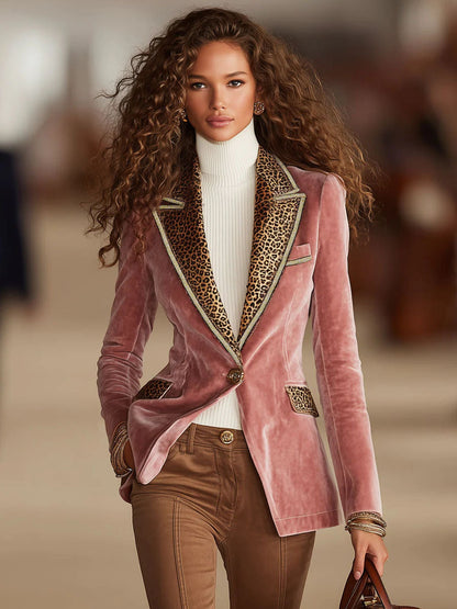 Dames Fluwelen Blazer met Luipaardprint en Eén Knoop – Roze