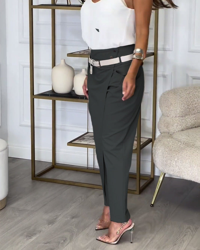 Hoge Taille Tapered Broek van Polyester en Elasthaan Elegant en Comfortabel