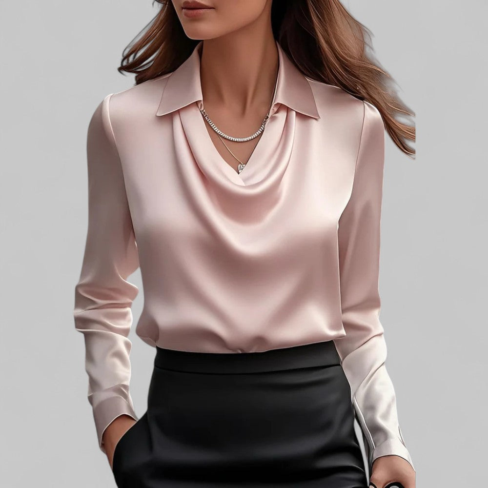 Isla Blouse met Gedrapeerde Hals – Dames Blouse met Lange Mouwen
