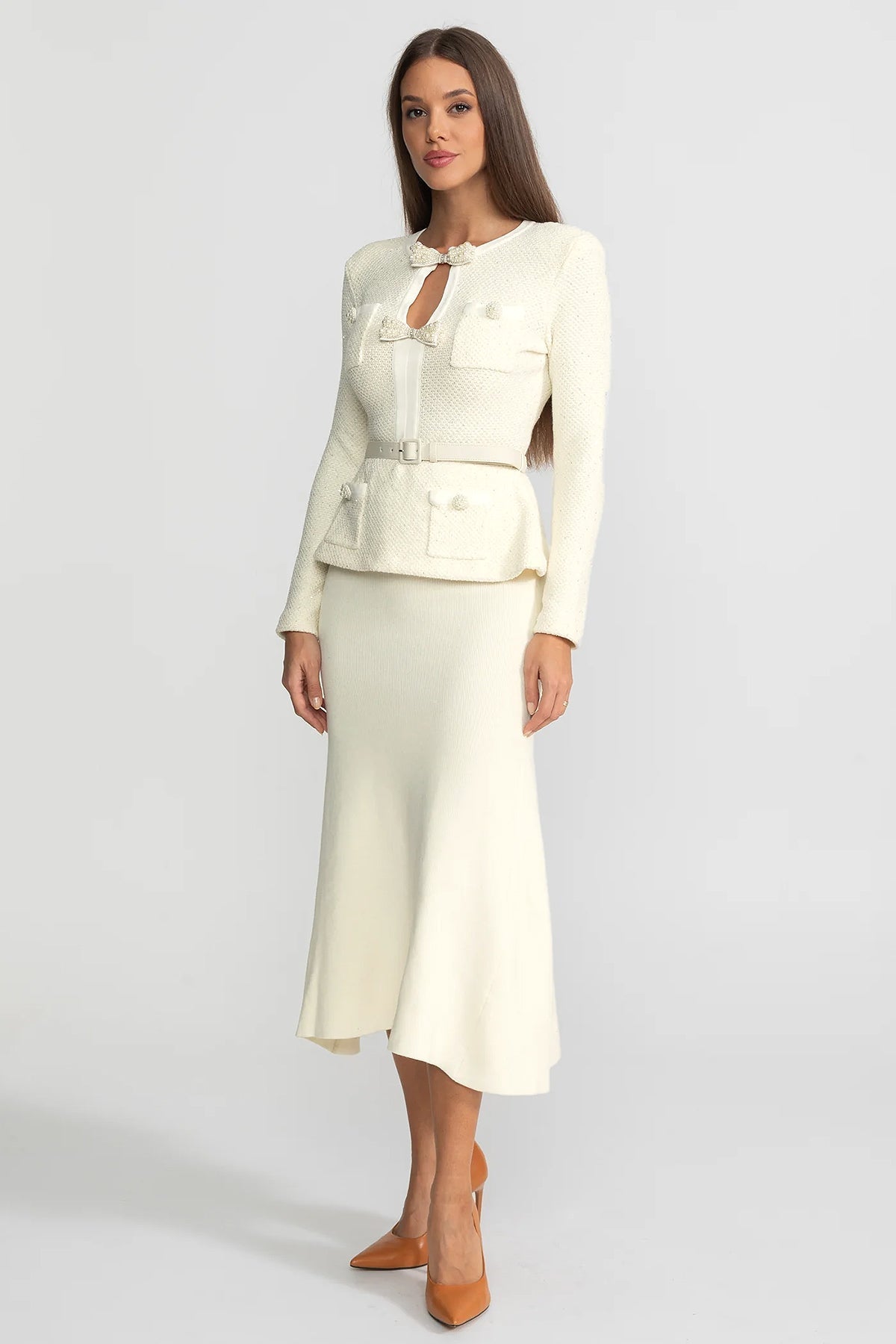 Tweed Peplum Gebreide Midi Jurk – Ivoire