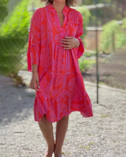 Boho Jurk Driekwart Mouwen Geometrische Print Zomerjurk