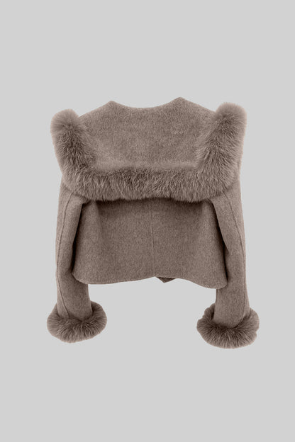 Dames Cropped Jas met Dubbele Knoopsluiting en Bontkraag – Bruin