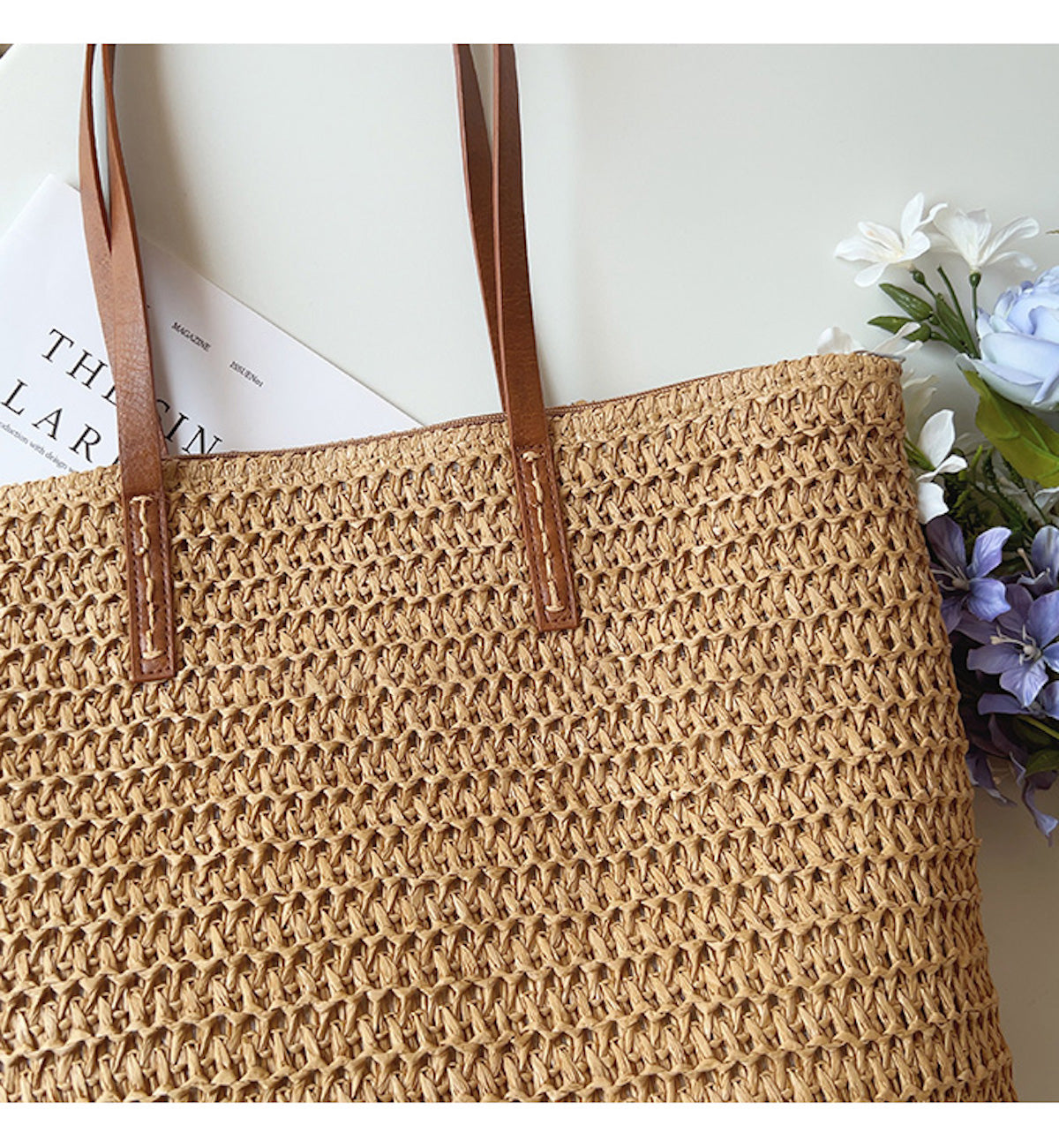 Leren Tote Tas Riet Geweven Zomerse Shopper
