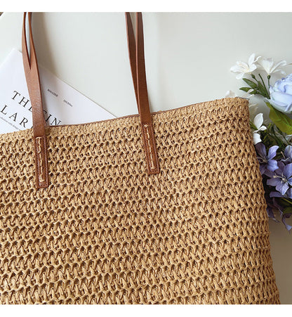 Leren Tote Tas Riet Geweven Zomerse Shopper