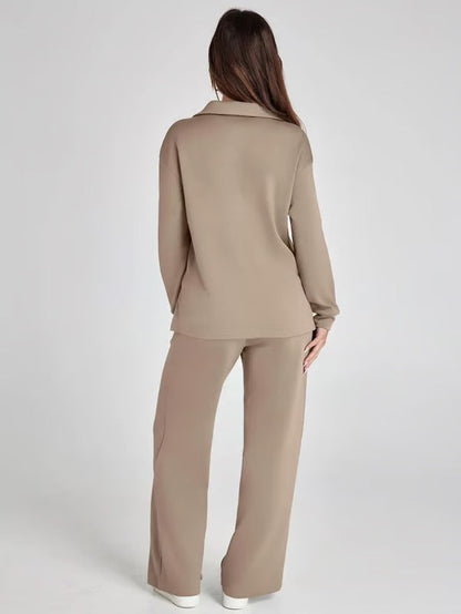 Dames Tweedelige Set met V-Hals Sweatshirt en Wijde Broek – Comfortabel & Stijlvol – Voor Herfst/Winter