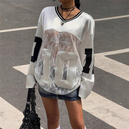 Dames Sport Top V-hals Jersey Met Kant en Sportief Print