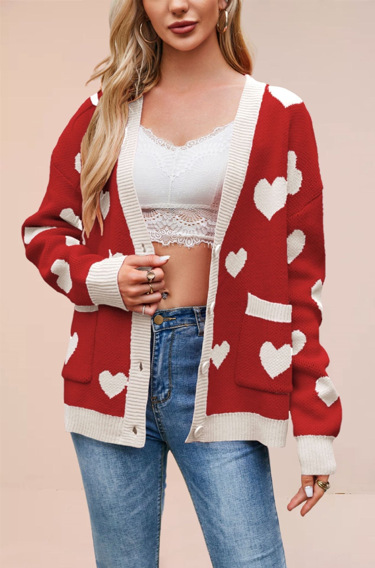 Dames Gebreide Vest met Hartjes en Contrasterend Detail
