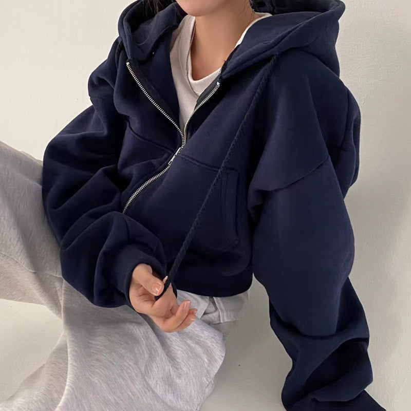 Dames Korte Hoodie Met Rits en Zakken Zwart Basic Model