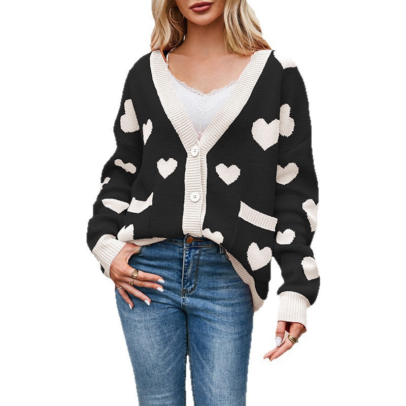 Dames Gebreide Vest met Hartjes en Contrasterend Detail