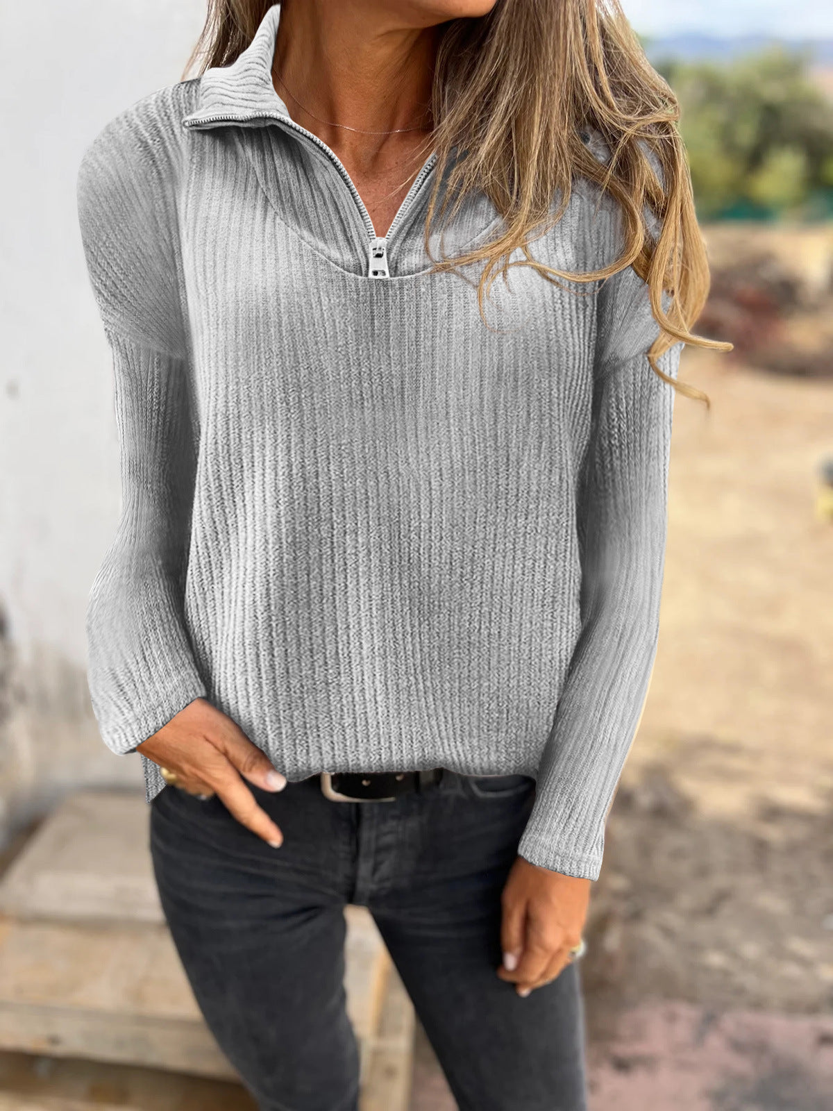 Dames Trui met Halve Rits en Ribbelstructuur Elegante Basislook