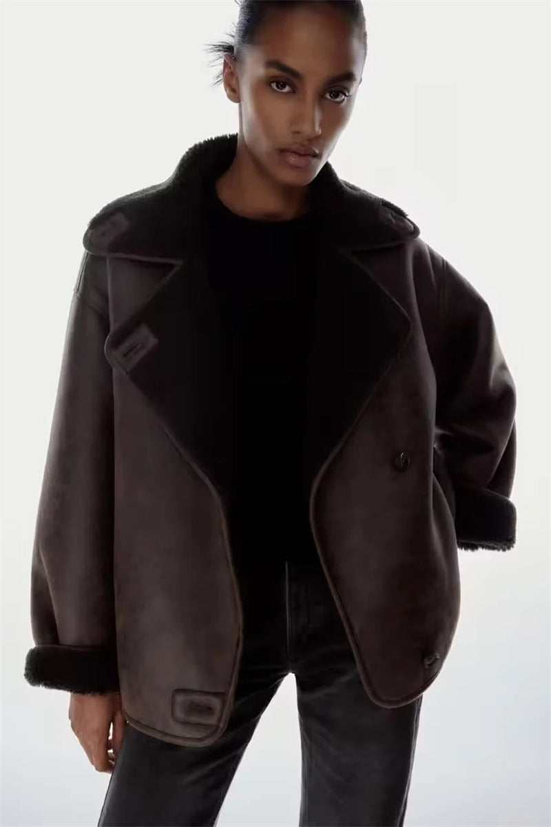 Dames Faux Leren Pilotenjas Oversized met Teddy Voering en Zakken