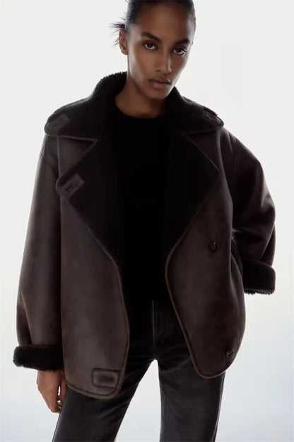 Dames Faux Leren Pilotenjas Oversized met Teddy Voering en Zakken