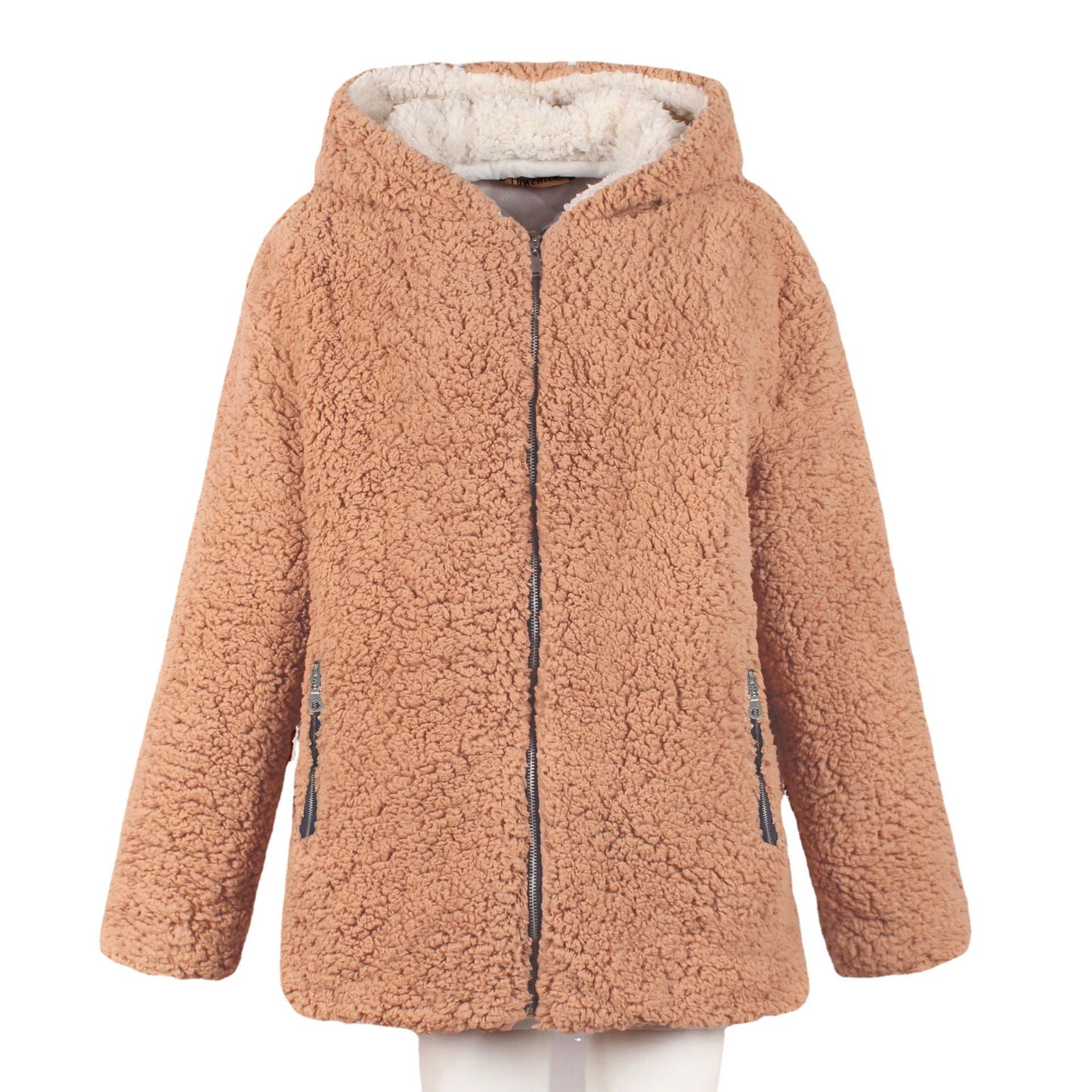 Dames Teddyjas Beige Plush met Capuchon Elegante Warme Winterjas