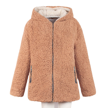 Dames Teddyjas Beige Plush met Capuchon Elegante Warme Winterjas