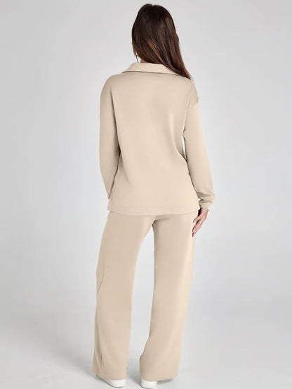 Dames Tweedelige Set met V-Hals Sweatshirt en Wijde Broek – Comfortabel & Stijlvol – Voor Herfst/Winter