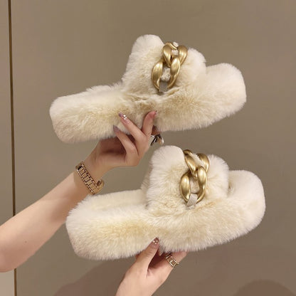 Dames Faux Fur Slippers Luxe met Ketting Detail