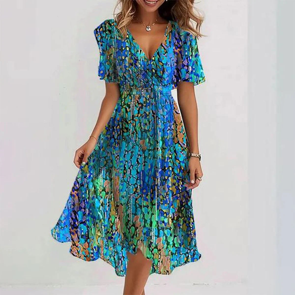 Midi Jurk met Zomerse Print en Vlindermouwen - Mode Vibes