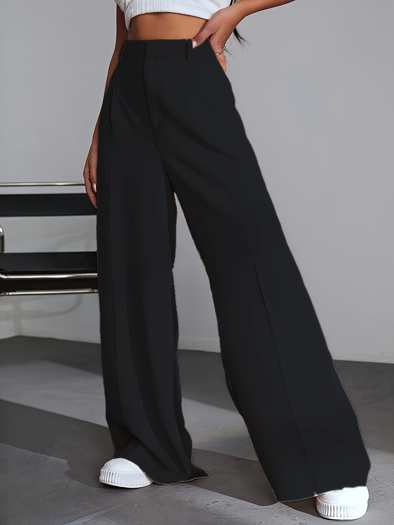 Luxe Effen Broek Wijde Pijpen Zwart Lana Stijl