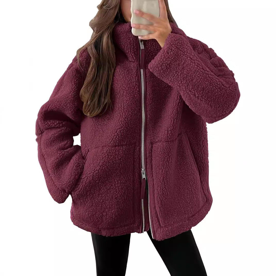 Dames Fleece Jas Warm en Stijlvol met Hoge Kraag en Zakken