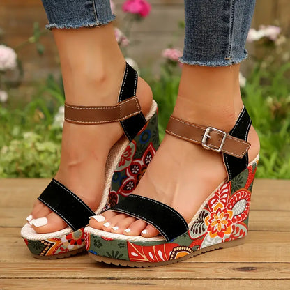 Dames Sandalen met Sleehak en Bloemenprint
