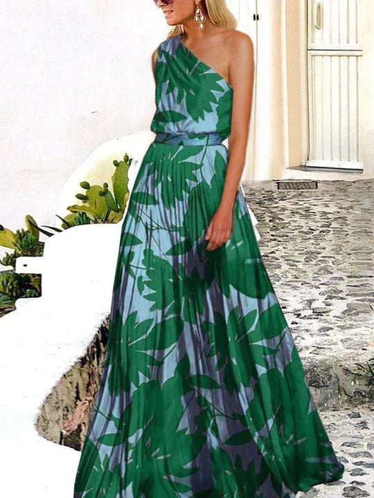 Vrouwelijke Maxi Jurk Eén Schouder Bedrukt Zomerjurk - Mode Vibes