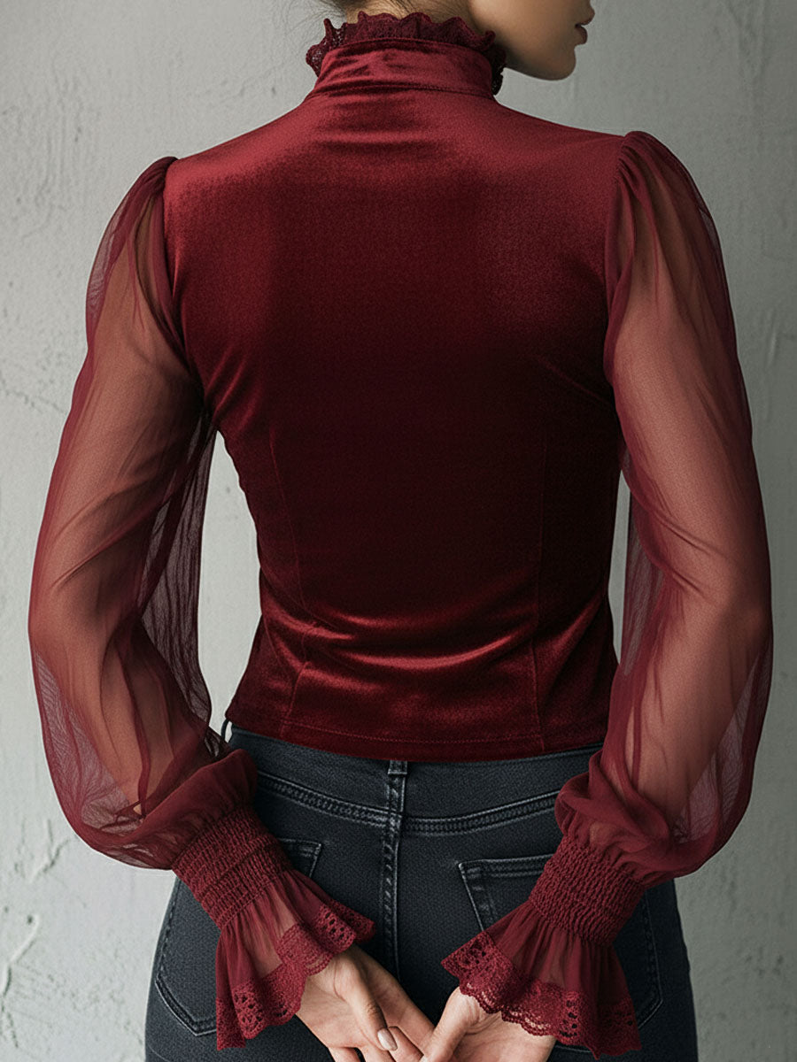 Noctra – Dames Fluwelen Corset Top met Kant en Transparante Mouwen