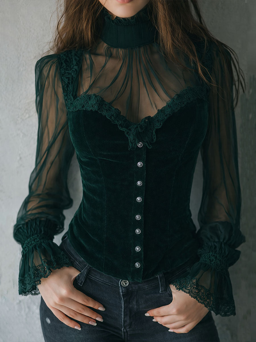 Noctra – Dames Fluwelen Corset Top met Kant en Transparante Mouwen