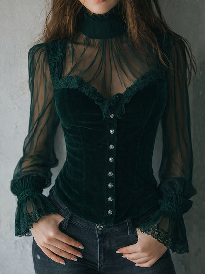 Noctra – Dames Fluwelen Corset Top met Kant en Transparante Mouwen