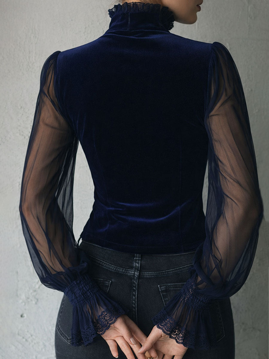 Noctra – Dames Fluwelen Corset Top met Kant en Transparante Mouwen